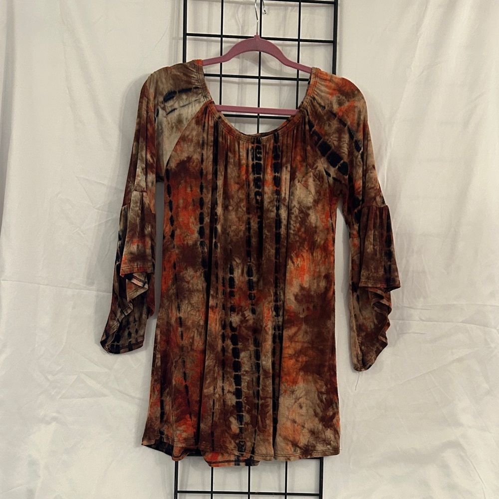 Tie-Dye Women's Tunic Earthy colors 3/4 Bell sleeves Sz L Rayon/Spandex